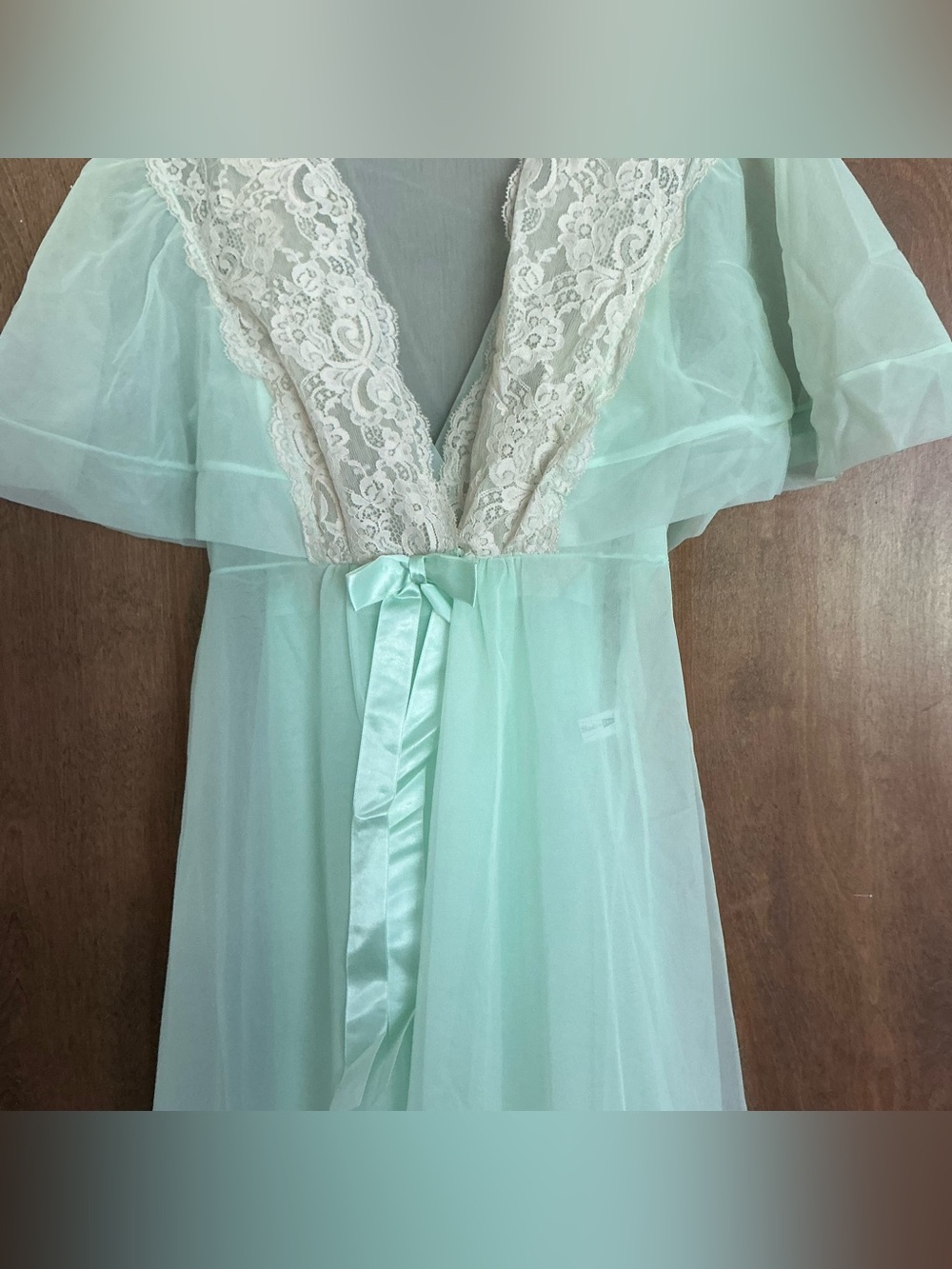 VTG Shadowline Peignoir Set Mint Green Nylon Chiffon Nightgown Gown Robe Lace S - Picture 2 of 16